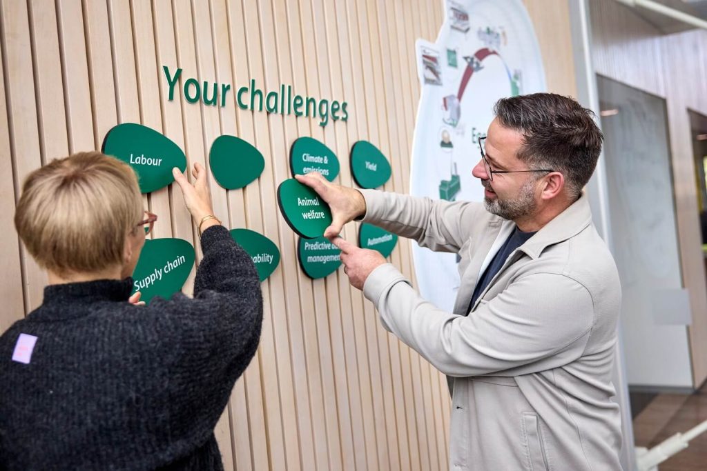 Twee mensen bespreken uitdagingen op groene kaarten.